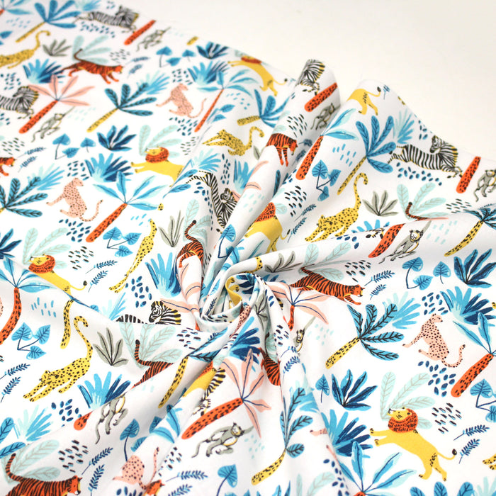 Tissu cotonnade SAFARI : lions, tigres zèbres et singes colorés - OEKO-TEX STANDARD 100