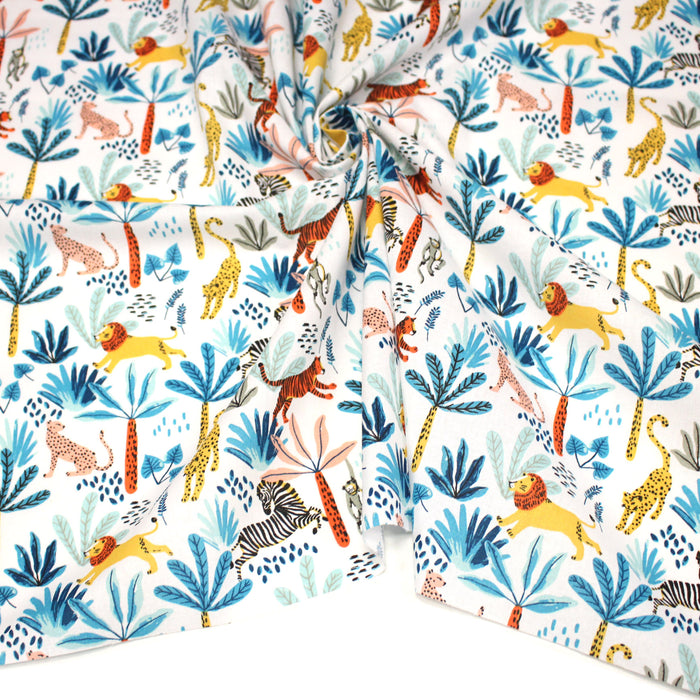 Tissu cotonnade SAFARI : lions, tigres zèbres et singes colorés - OEKO-TEX STANDARD 100
