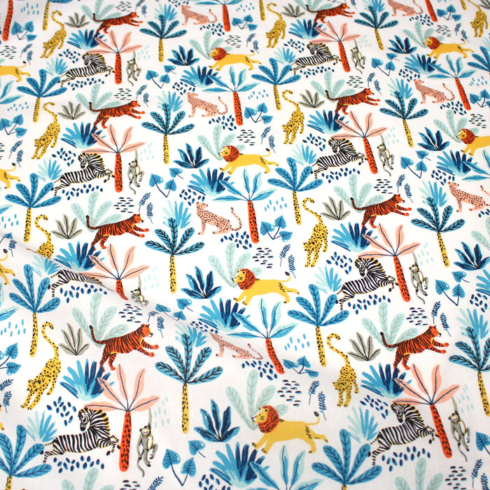 Tissu cotonnade SAFARI : lions, tigres zèbres et singes colorés - OEKO-TEX STANDARD 100