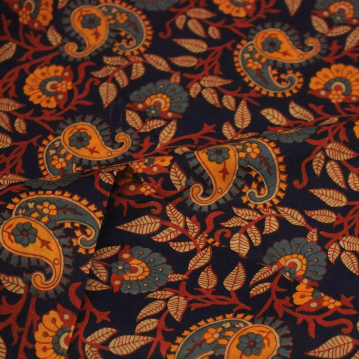 Tissu coton fin imprimé INDIENNES, fleurs & Paisley bleu marine et orange - STANDARD 100 OEKO - TEX - TissusPapi.com