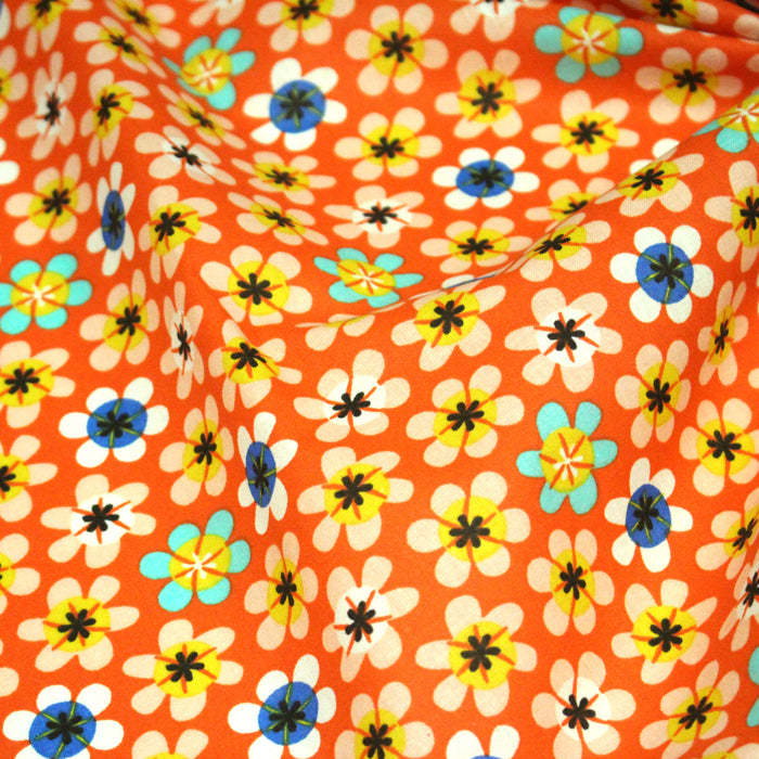Tissu cotonnade orange aux fleurs multicolores - OEKO-TEX STANDARD 100