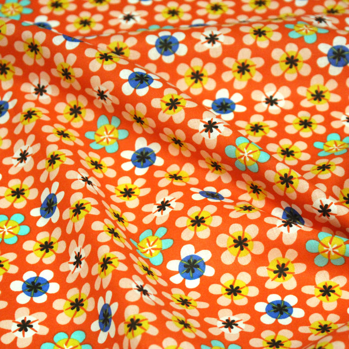 Tissu cotonnade orange aux fleurs multicolores - OEKO-TEX STANDARD 100