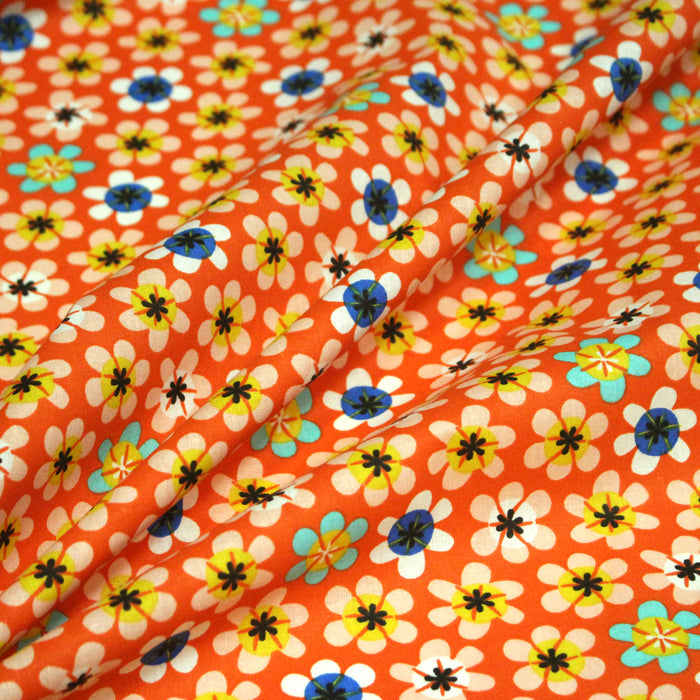 Tissu cotonnade orange aux fleurs multicolores - OEKO-TEX STANDARD 100