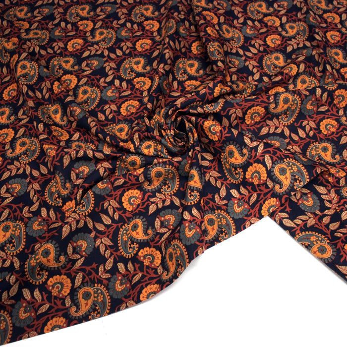Tissu coton fin imprimé INDIENNES, fleurs & Paisley bleu marine et orange - STANDARD 100 OEKO - TEX - TissusPapi.com