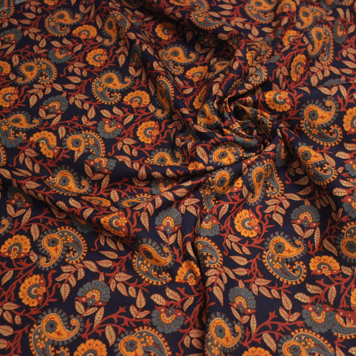 Tissu coton fin imprimé INDIENNES, fleurs & Paisley bleu marine et orange - STANDARD 100 OEKO - TEX - TissusPapi.com