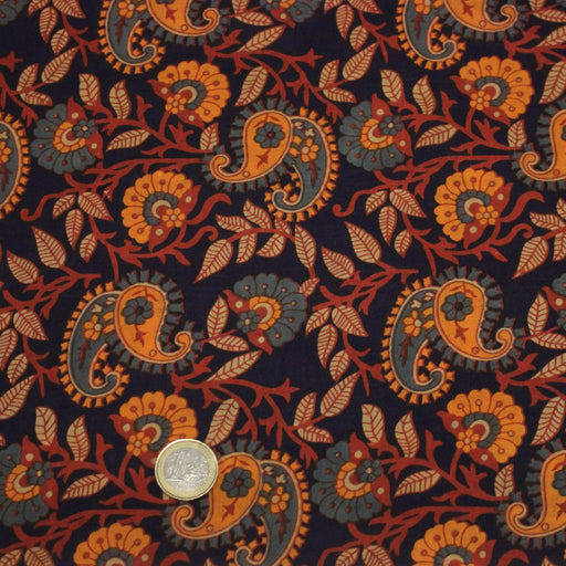 Tissu coton fin imprimé INDIENNES, fleurs & Paisley bleu marine et orange - STANDARD 100 OEKO - TEX - TissusPapi.com