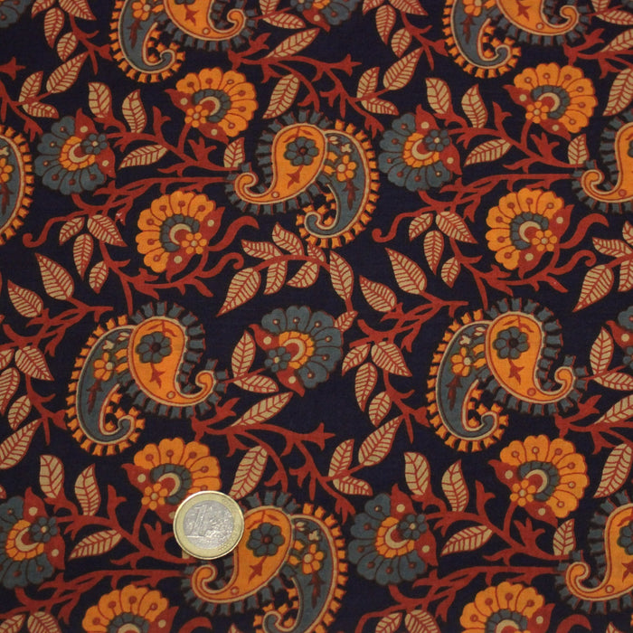 Tissu coton fin imprimé INDIENNES, fleurs & Paisley bleu marine et orange - STANDARD 100 OEKO - TEX - TissusPapi.com