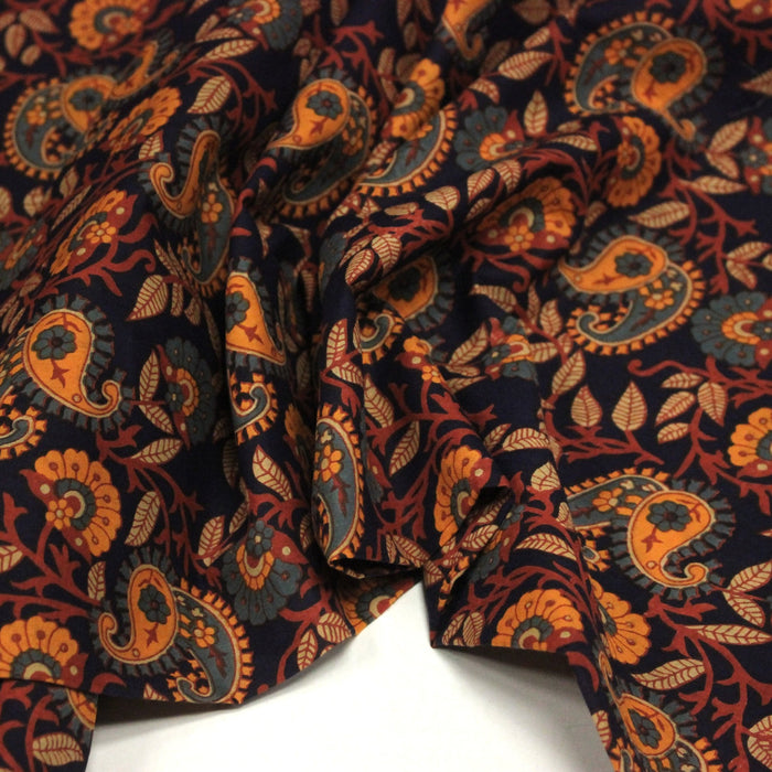 Tissu coton fin imprimé INDIENNES, fleurs & Paisley bleu marine et orange - STANDARD 100 OEKO - TEX - TissusPapi.com