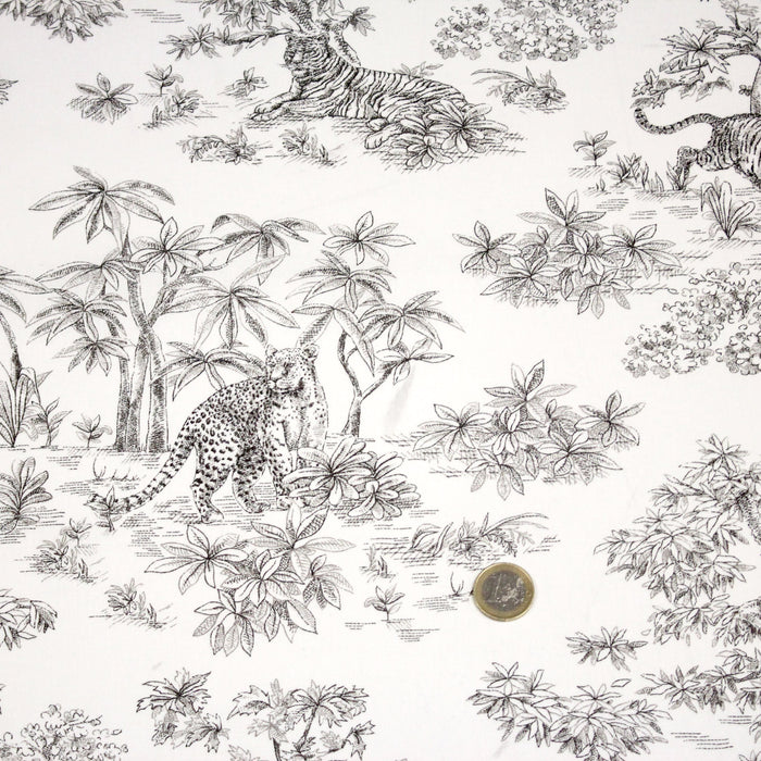 Tissu cotonnade Toile de Jouy aux tigres et forêt vierge, blanc & gris noir