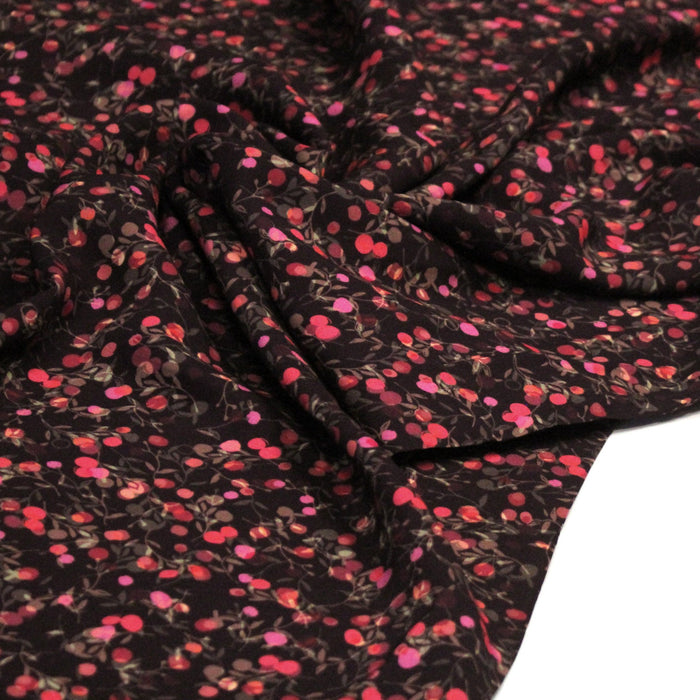 Tissu Viscose fluide chocolat aux fleurs roses rondes, MERISIER - STANDARD 100 OEKO-TEX
