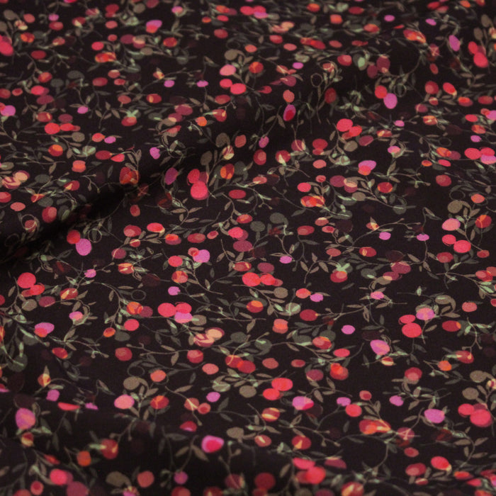 Tissu Viscose fluide chocolat aux fleurs roses rondes, MERISIER - STANDARD 100 OEKO-TEX