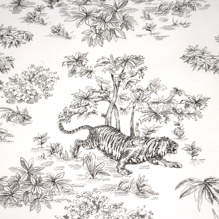Tissu cotonnade Toile de Jouy aux tigres et forêt vierge, blanc & gris noir