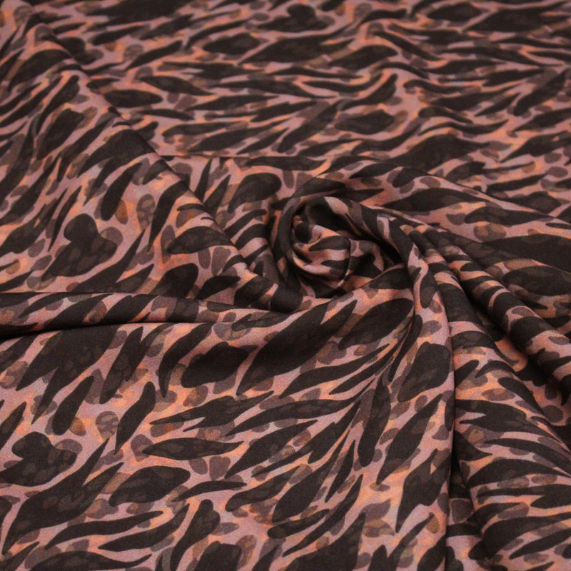 Tissu Viscose fluide marron tons chauds, motif zèbre et léopard, ZOMALIA - STANDARD 100 OEKO - TEX - TissusPapi.com