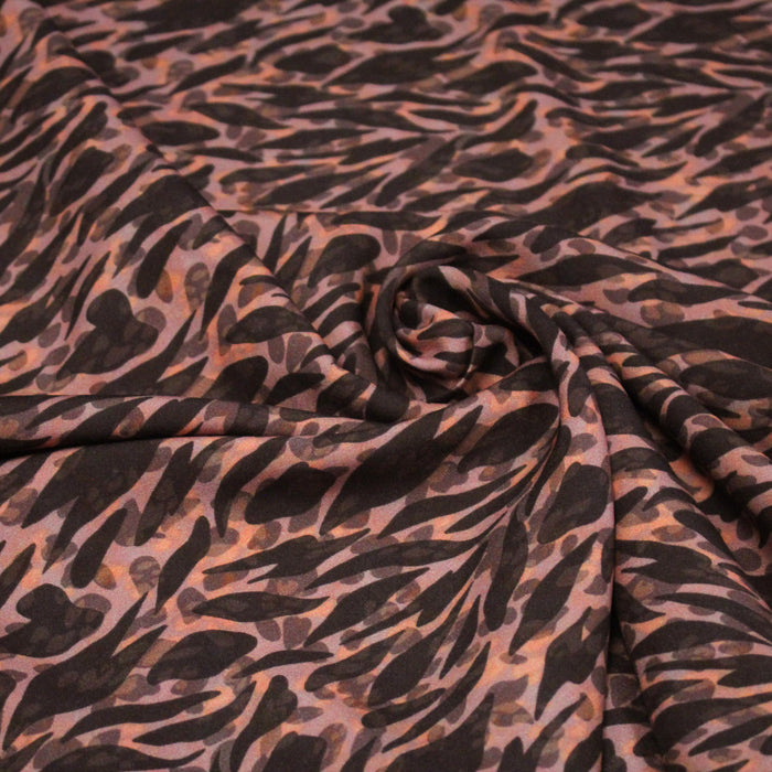Tissu Viscose fluide marron tons chauds, motif zèbre et léopard, ZOMALIA - STANDARD 100 OEKO-TEX