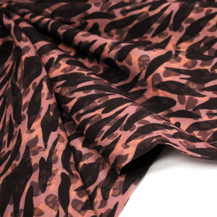 Tissu Viscose fluide marron tons chauds, motif zèbre et léopard, ZOMALIA - STANDARD 100 OEKO-TEX