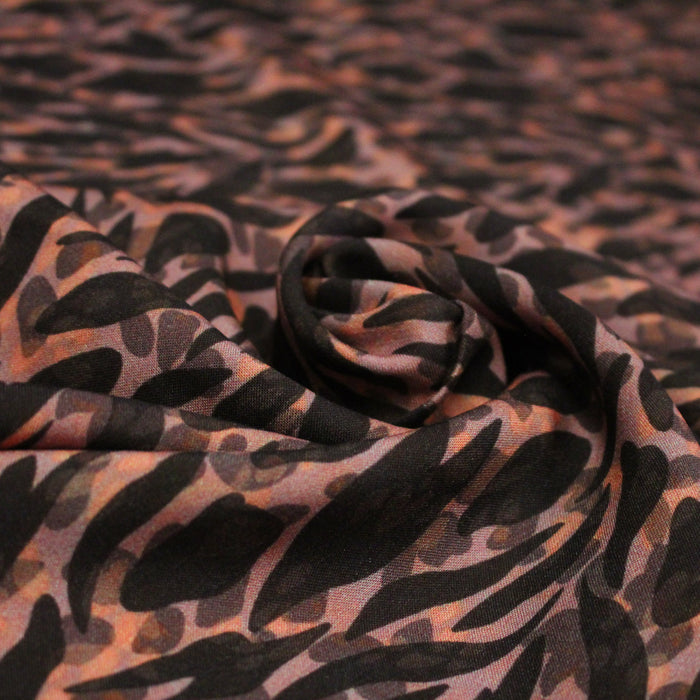 Tissu Viscose fluide marron tons chauds, motif zèbre et léopard, ZOMALIA - STANDARD 100 OEKO-TEX