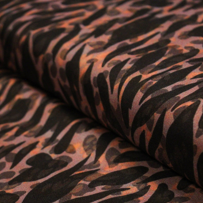 Tissu Viscose fluide marron tons chauds, motif zèbre et léopard, ZOMALIA - STANDARD 100 OEKO - TEX - TissusPapi.com
