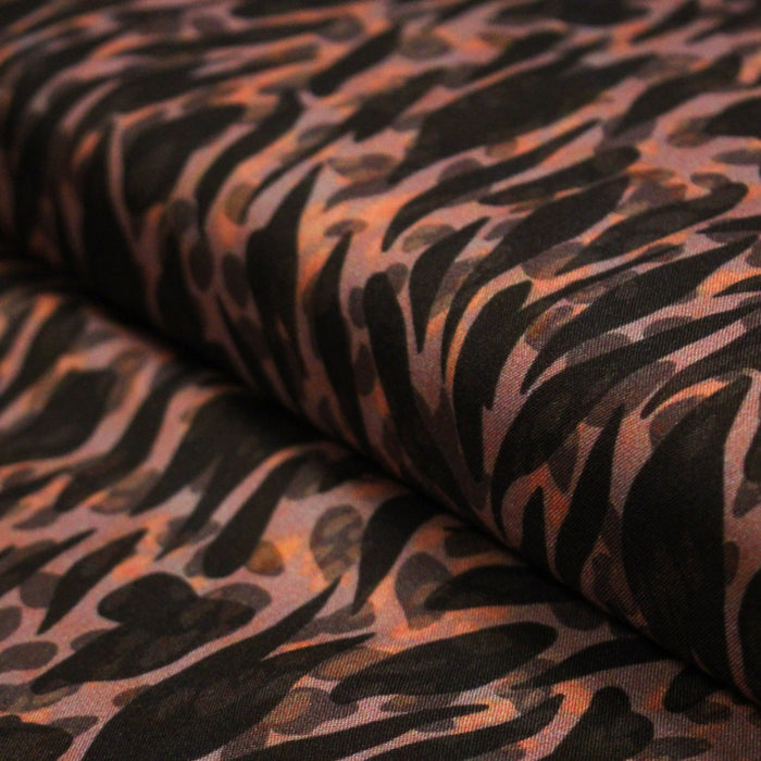 Tissu Viscose fluide marron tons chauds, motif zèbre et léopard, ZOMALIA - STANDARD 100 OEKO-TEX