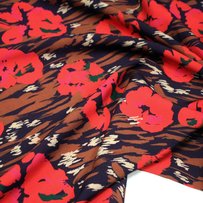 Tissu Viscose fluide violet marron aux fleurs rouges, AMAYA - STANDARD 100 OEKO-TEX