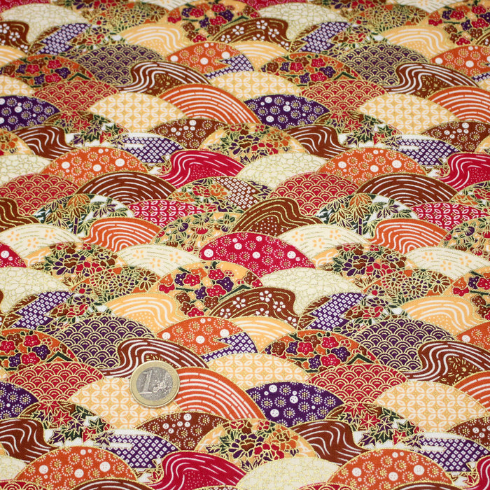 Tissu cotonnade aux écailles, éventails et motifs japonais multicolores - COLLECTION JAPON DORÉ