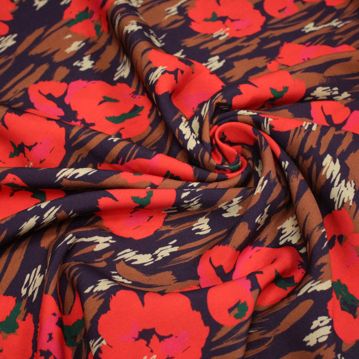 Tissu Viscose fluide violet marron aux fleurs rouges, AMAYA - STANDARD 100 OEKO-TEX