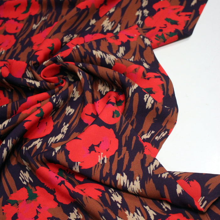 Tissu Viscose fluide violet marron aux fleurs rouges, AMAYA - STANDARD 100 OEKO-TEX