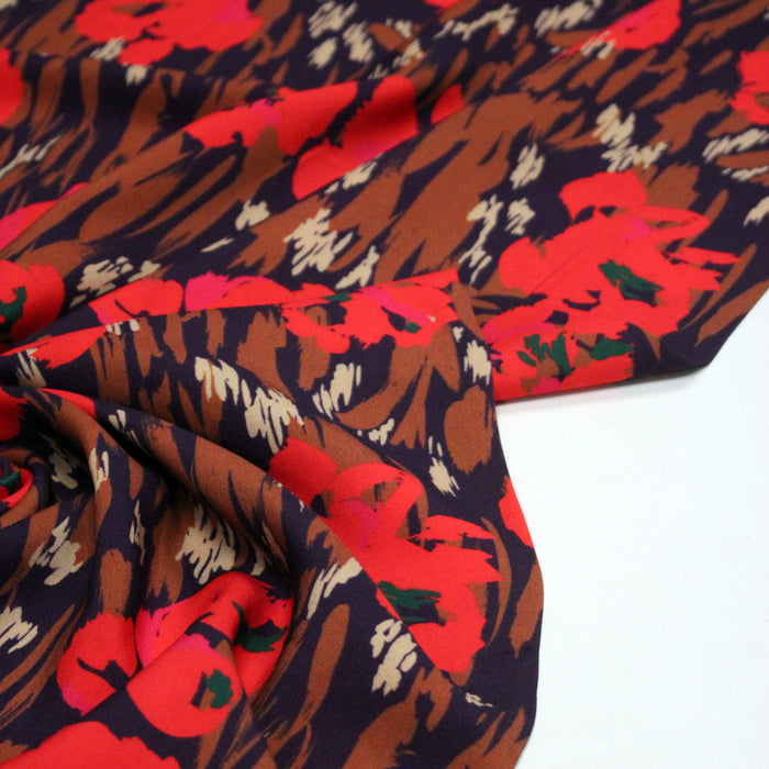 Tissu Viscose fluide violet marron aux fleurs rouges, AMAYA - STANDARD 100 OEKO-TEX