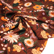 Tissu Viscose fluide marron, fleurs d'automne oranges & roses, MORICETTE - STANDARD 100 OEKO - TEX - TissusPapi.com