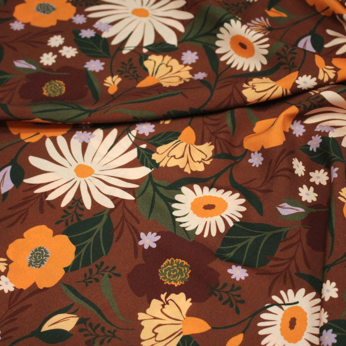 Tissu Viscose fluide marron, fleurs d'automne oranges & roses, MORICETTE - STANDARD 100 OEKO-TEX