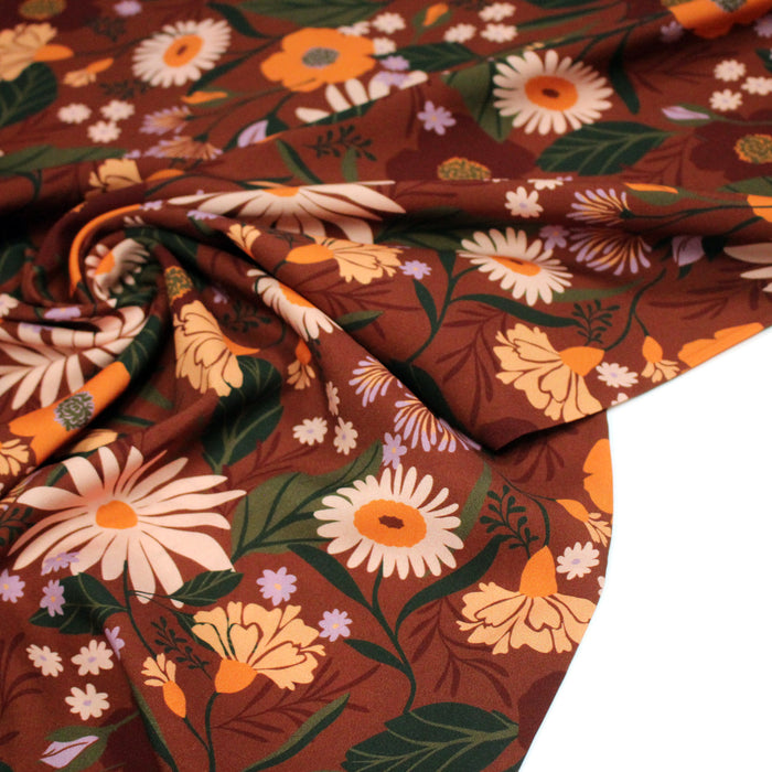 Tissu Viscose fluide marron, fleurs d'automne oranges & roses, MORICETTE - STANDARD 100 OEKO-TEX