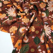 Tissu Viscose fluide marron, fleurs d'automne oranges & roses, MORICETTE - STANDARD 100 OEKO - TEX - TissusPapi.com