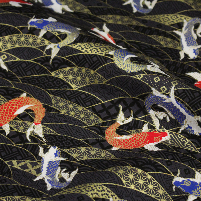 Tissu cotonnade motif japonais carpes koï dorées, fond anthracite - COLLECTION JAPON DORÉ