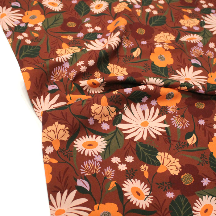 Tissu Viscose fluide marron, fleurs d'automne oranges & roses, MORICETTE - STANDARD 100 OEKO-TEX