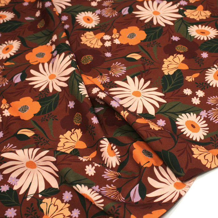 Tissu Viscose fluide marron, fleurs d'automne oranges & roses, MORICETTE - STANDARD 100 OEKO-TEX