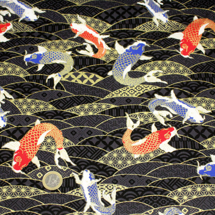 Tissu cotonnade motif japonais carpes koï dorées, fond anthracite - COLLECTION JAPON DORÉ