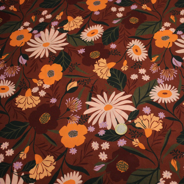 Tissu Viscose fluide marron, fleurs d'automne oranges & roses, MORICETTE - STANDARD 100 OEKO-TEX