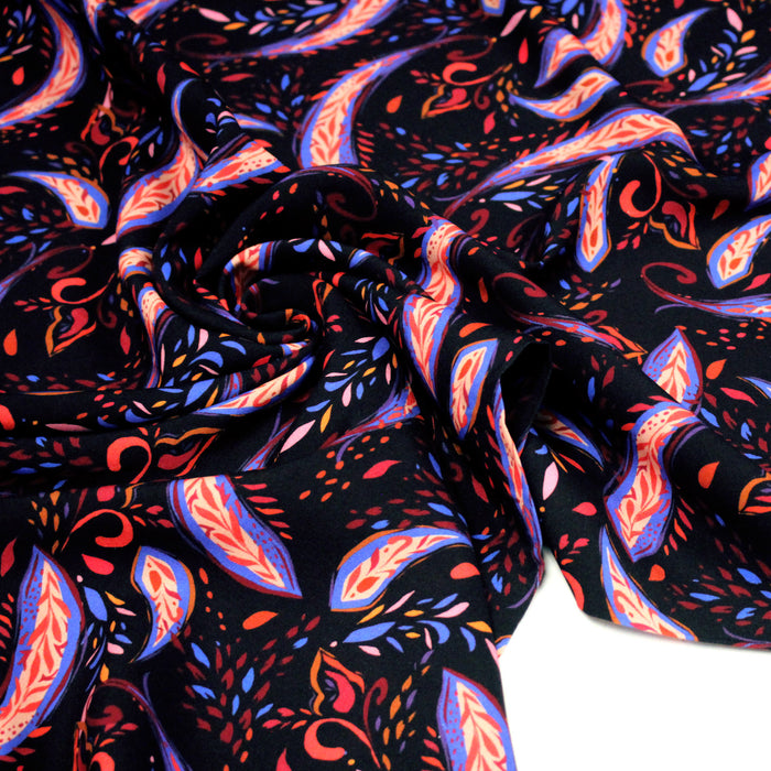 Tissu Viscose fluide noir, motifs cachemire rouge et bleus modernes, NINI - STANDARD 100 OEKO-TEX