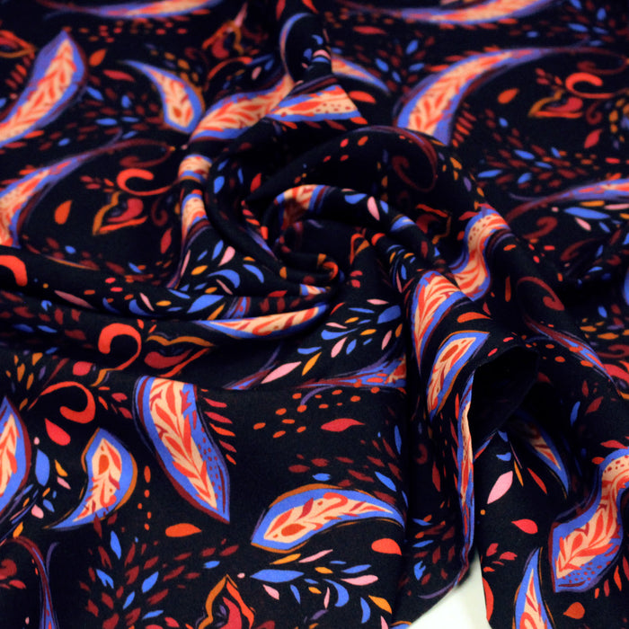 Tissu Viscose fluide noir, motifs cachemire rouge et bleus modernes, NINI - STANDARD 100 OEKO-TEX