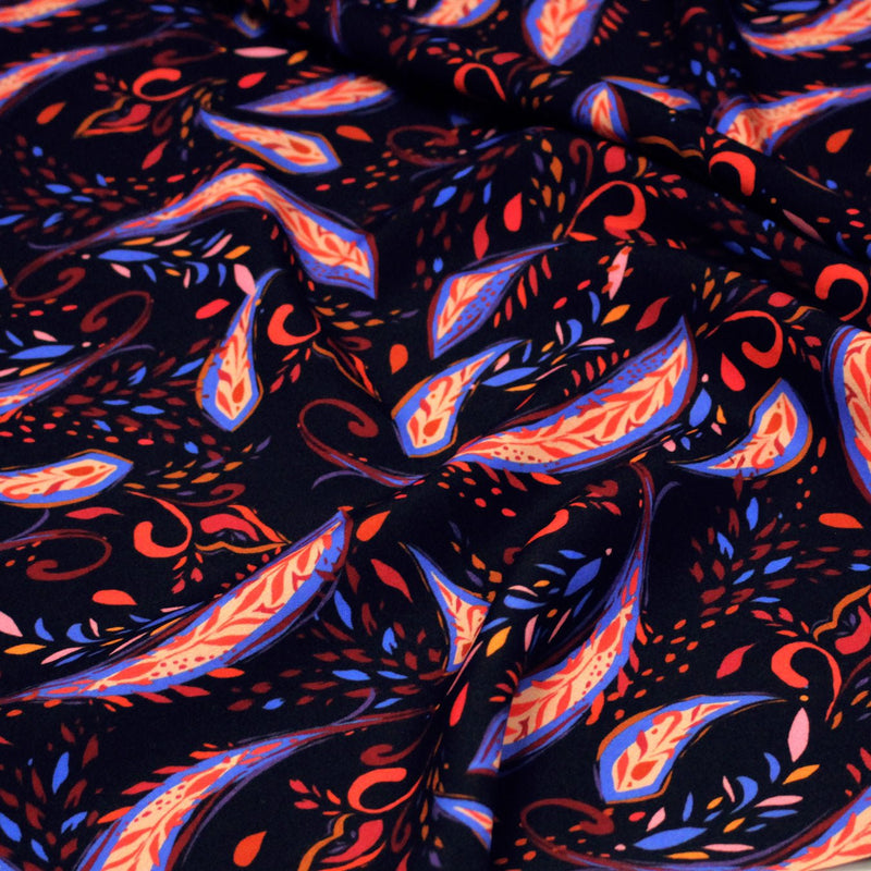 Tissu Viscose fluide noir, motifs cachemire rouge et bleus modernes, NINI - STANDARD 100 OEKO - TEX - TissusPapi.com