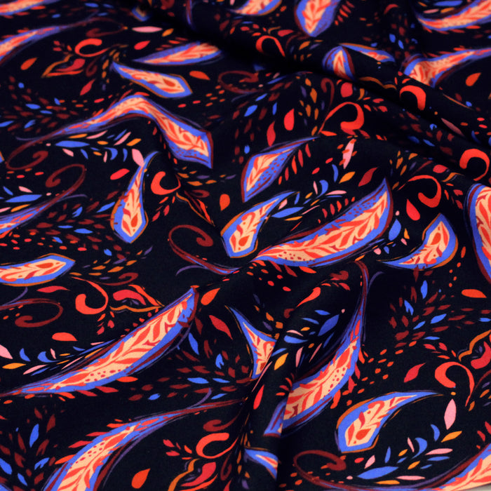 Tissu Viscose fluide noir, motifs cachemire rouge et bleus modernes, NINI - STANDARD 100 OEKO-TEX