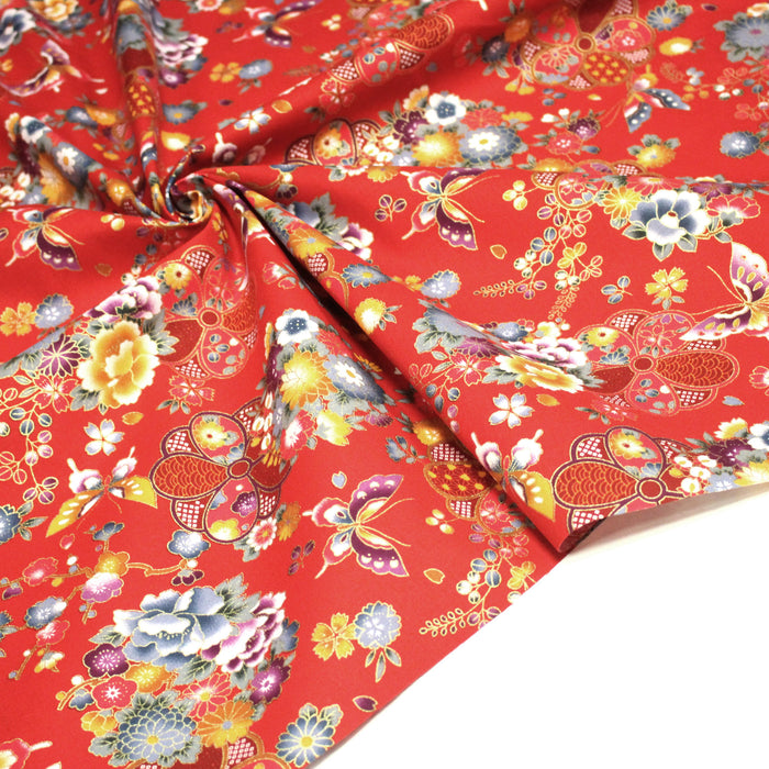 Tissu cotonnade japonais rouges aux fleurs multicolores et dorées - COLLECTION JAPON DORÉ