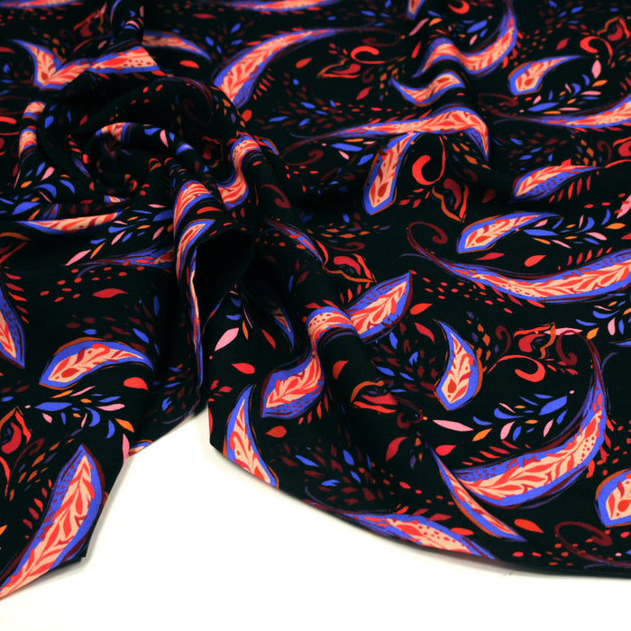 Tissu Viscose fluide noir, motifs cachemire rouge et bleus modernes, NINI - STANDARD 100 OEKO-TEX
