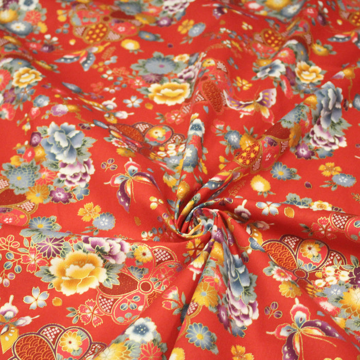 Tissu cotonnade japonais rouges aux fleurs multicolores et dorées - COLLECTION JAPON DORÉ