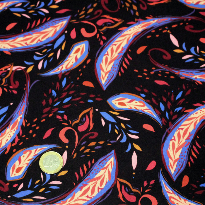 Tissu Viscose fluide noir, motifs cachemire rouge et bleus modernes, NINI - STANDARD 100 OEKO-TEX