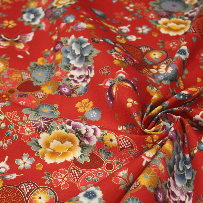 Tissu cotonnade japonais rouges aux fleurs multicolores et dorées - COLLECTION JAPON DORÉ