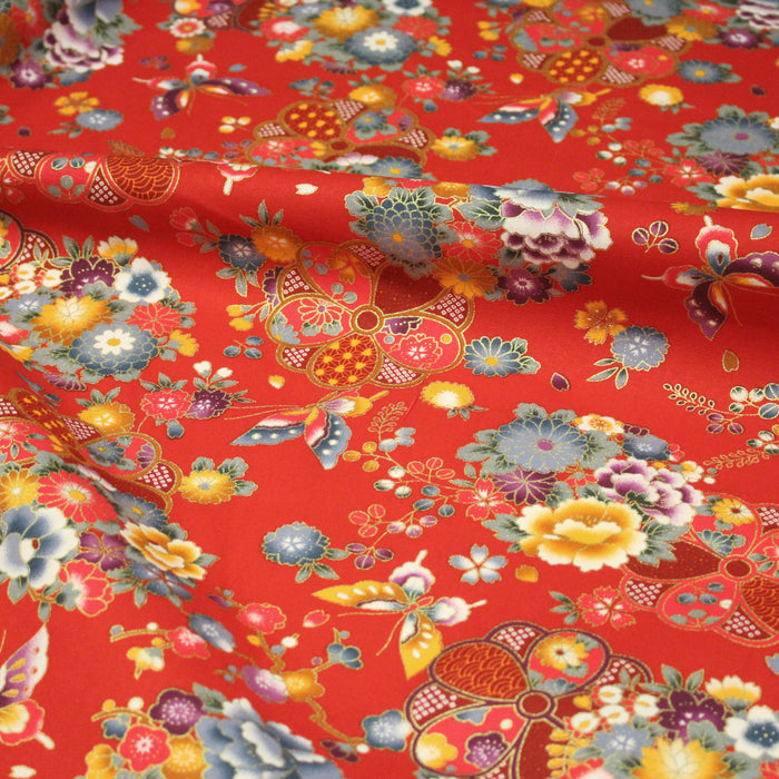 Tissu cotonnade japonais rouges aux fleurs multicolores et dorées - COLLECTION JAPON DORÉ