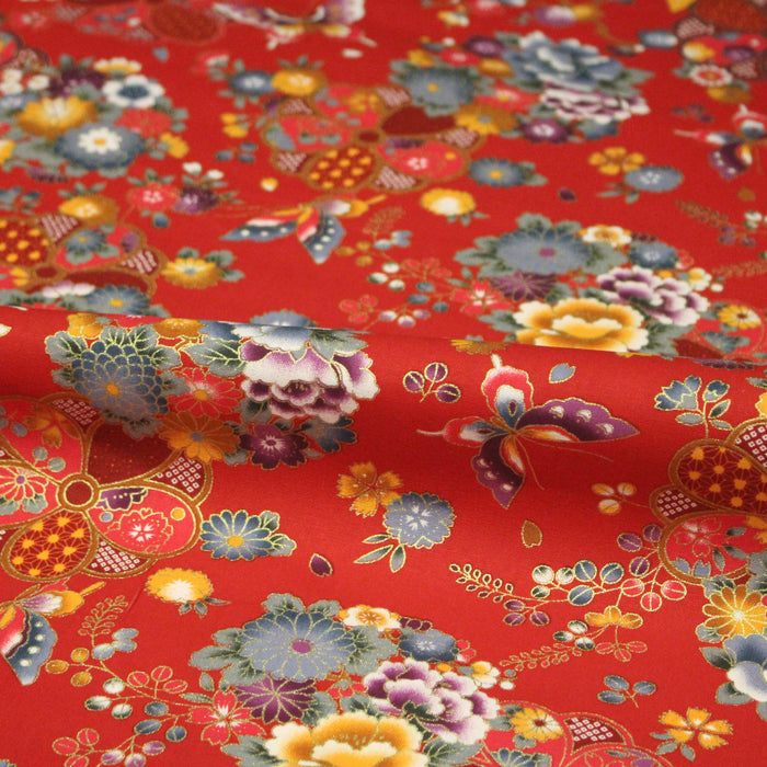 Tissu cotonnade japonais rouges aux fleurs multicolores et dorées - COLLECTION JAPON DORÉ