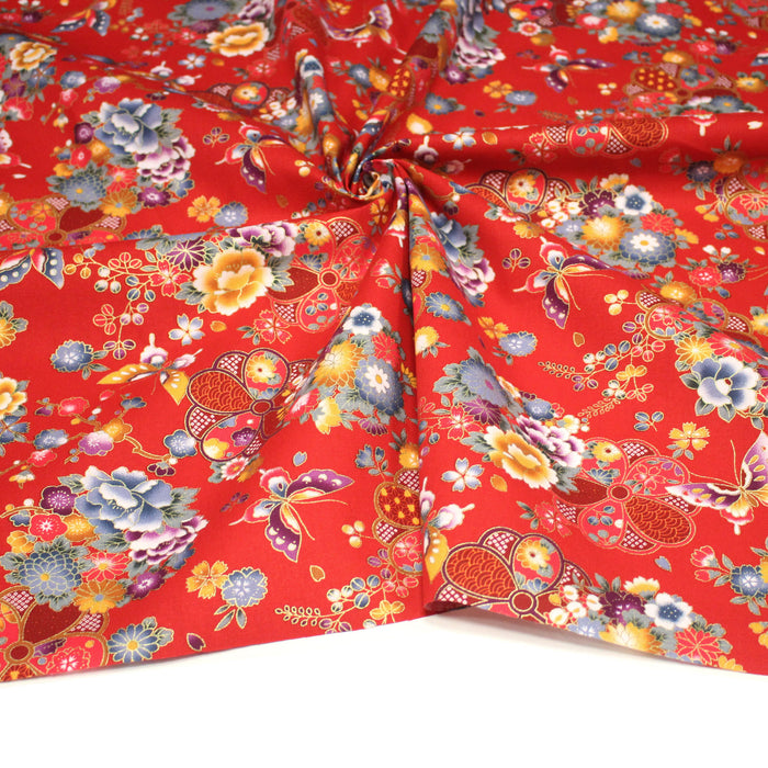 Tissu cotonnade japonais rouges aux fleurs multicolores et dorées - COLLECTION JAPON DORÉ