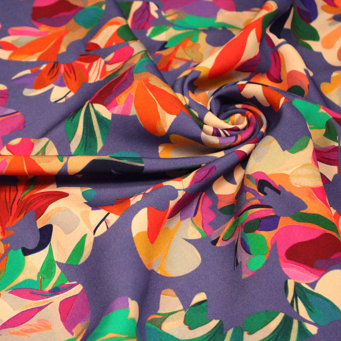 Tissu Viscose fluide mauve, motif floral très coloré, MACHA - STANDARD 100 OEKO-TEX