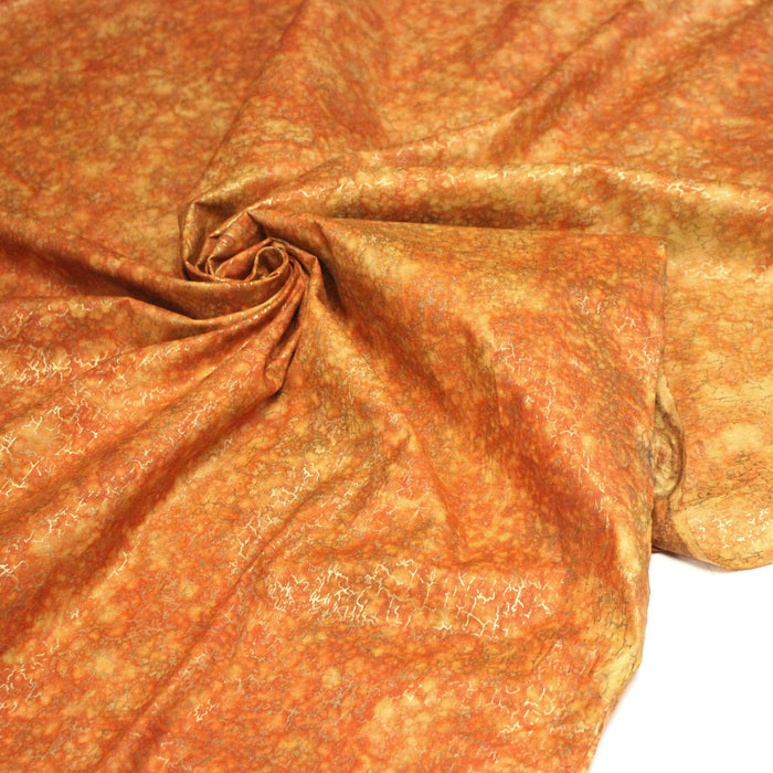 Tissu cotonnade faux-uni orange & craquelé doré - MADE IN INDIA